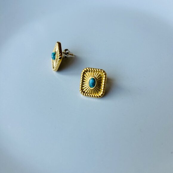 18K gold plated Turqoise studs earrings square, stainless steel - Picture 3 of 4